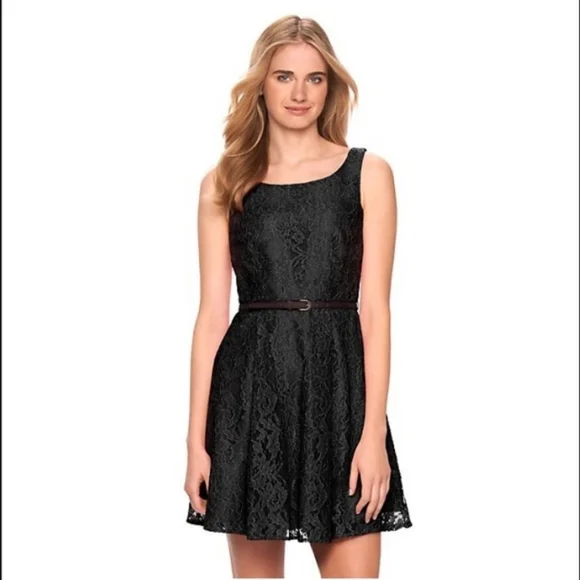 LC Lauren Conrad black lace dress with belt - Picture 1 of 7